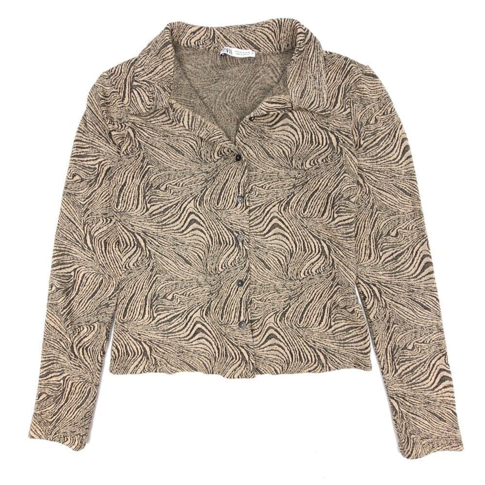 ZARA Long Sleeve Button Down Jacquard Knit Shirt Small 90s Brown Swirl y2k